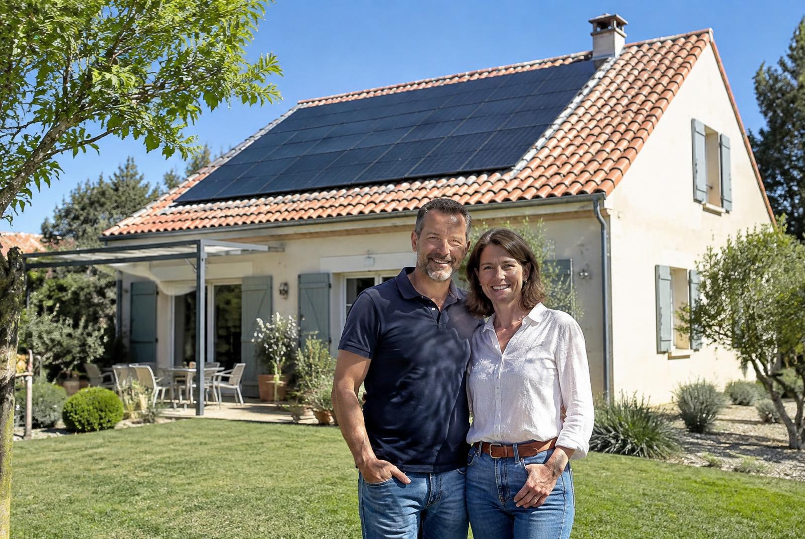 Couple de propriétaires devant leur maison équipée de panneaux photovoltaïques