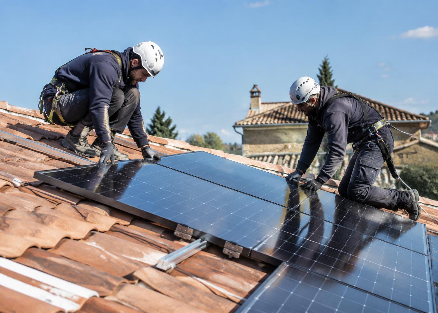 Installateurs posant des panneaux photovoltaïques sur une toiture