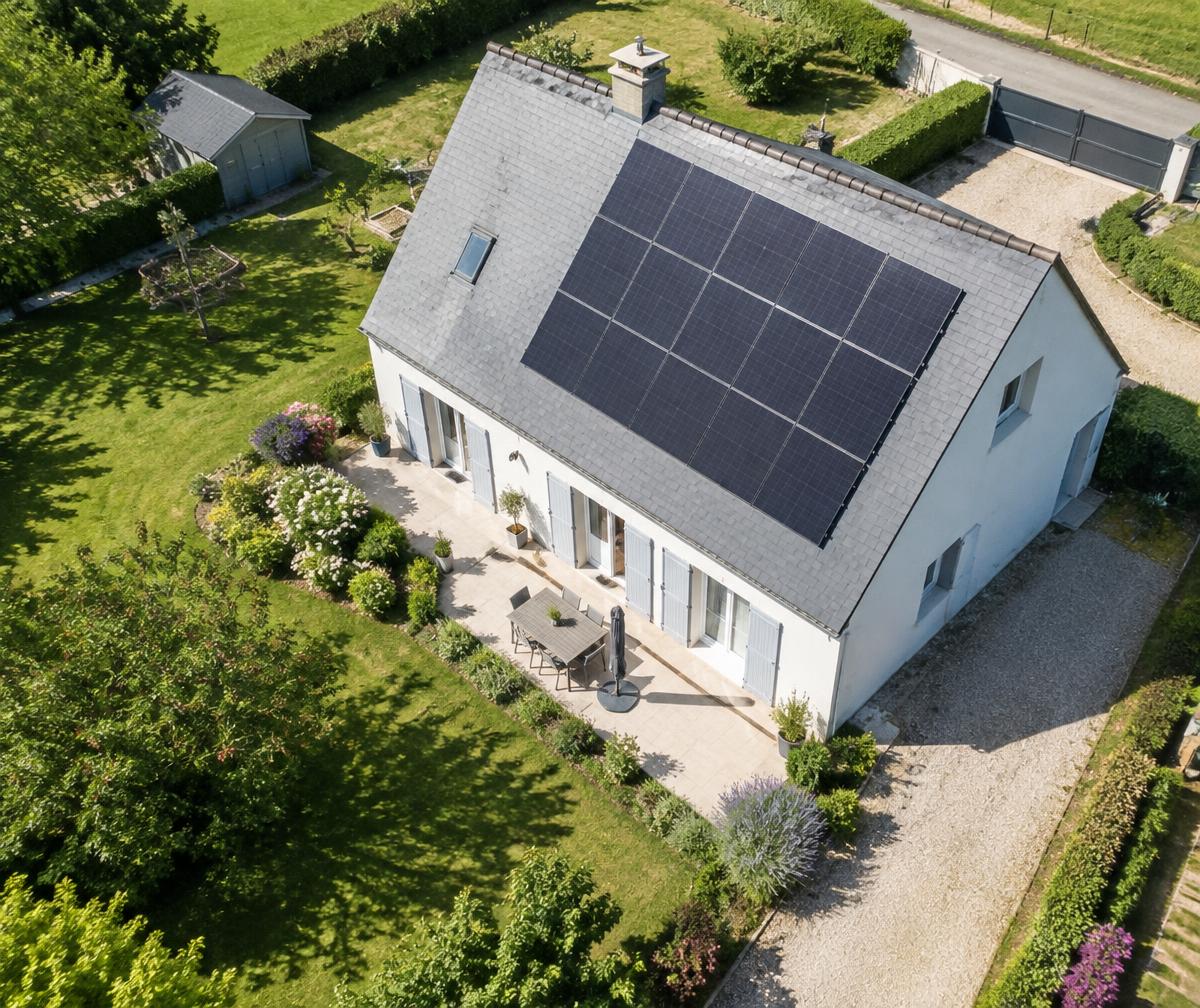 Vue aérienne d'une maison avec panneaux photovoltaïques