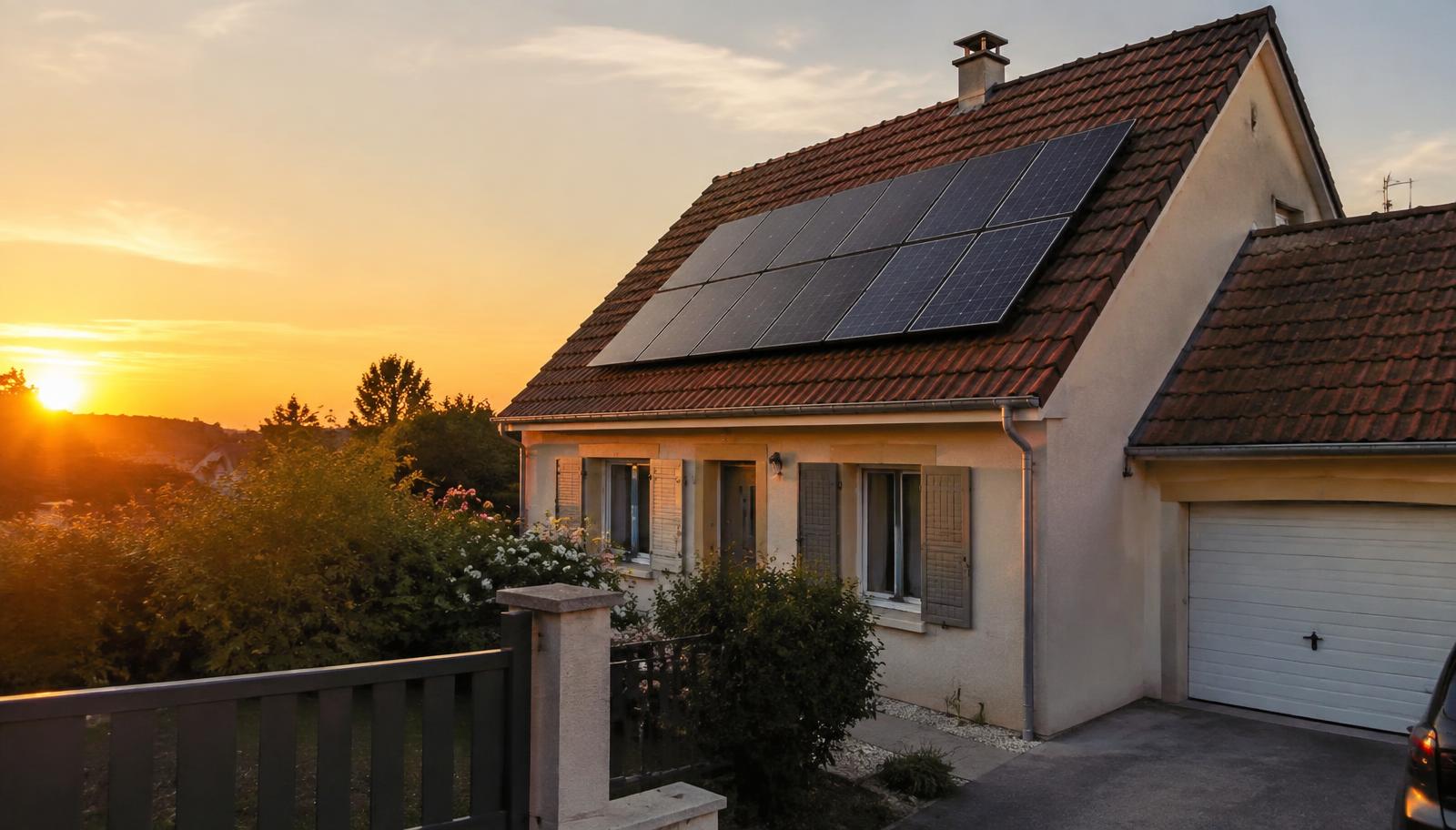 Maison équipée de panneaux photovoltaïques au coucher du soleil